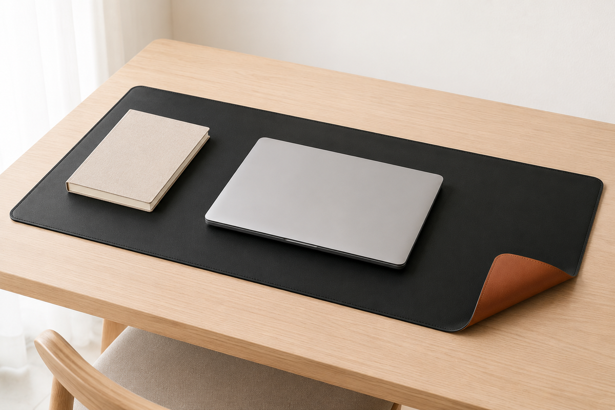 TheDorms 01 desk mat in technical leather on a light wood desk.